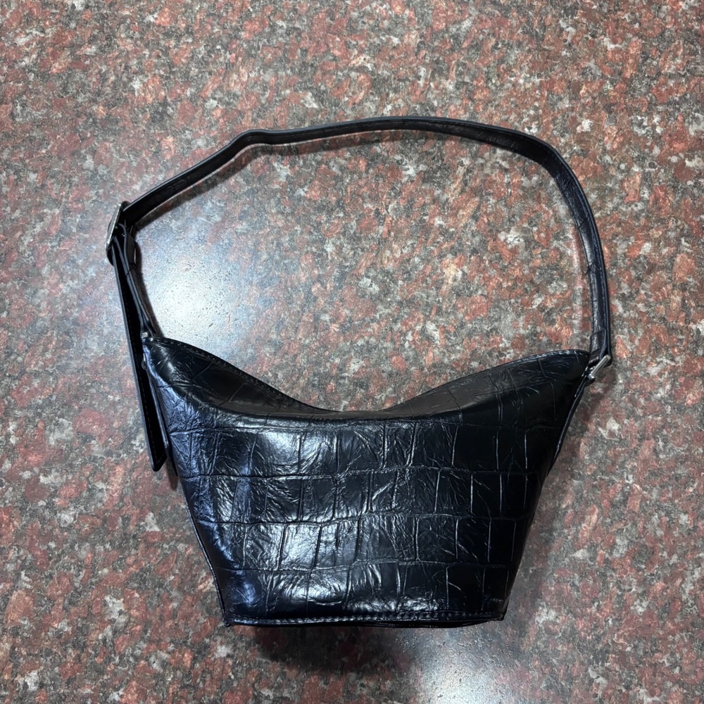 ZARA Black Croc Embossed Oval Draped Hobo Shoulder Bag‎ Minimalist Chic